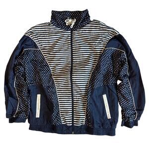 Rhythm Sport Windbreaker Women's Large Blue with White Stripes Polka Dots 90s